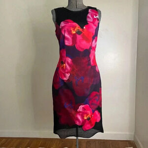 Badgley Mischka Belle neoprene/scuba dress pink & red flowers w/mesh size 6